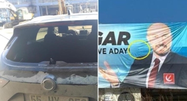 Seçim kampanyasına saldırı! Aracın camı kırıldı, pankart kurşunlandı