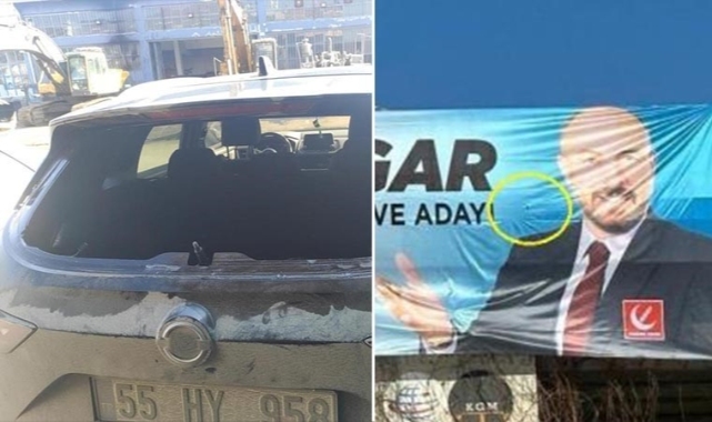 Seçim kampanyasına saldırı! Aracın camı kırıldı, pankart kurşunlandı
