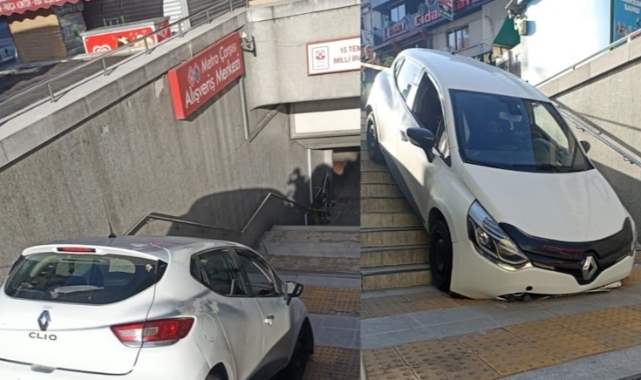 Kontrolden çıkan otomobil, metro istasyonuna düştü