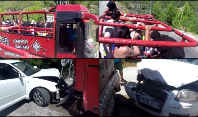 Faciadan dönüldü; şoför turistlerin su savaşına katılmak için yerinden kalkınca, tur otobüsü otomobile çarptı