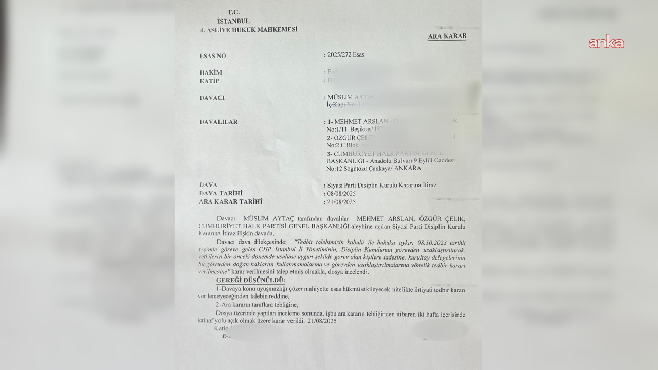 CHP İstanbul il yönetiminin görevden alınması... 45’inci Asliye Hukuk’un görevden alma kararı öncesi, talebin 4'üncü Asliye Hukuk tarafından reddedildiği öğrenildi