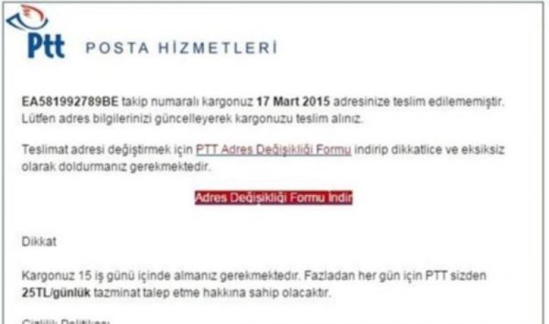 PTT ADINA GELEN BU MAİLİ AÇAN YANIYOR