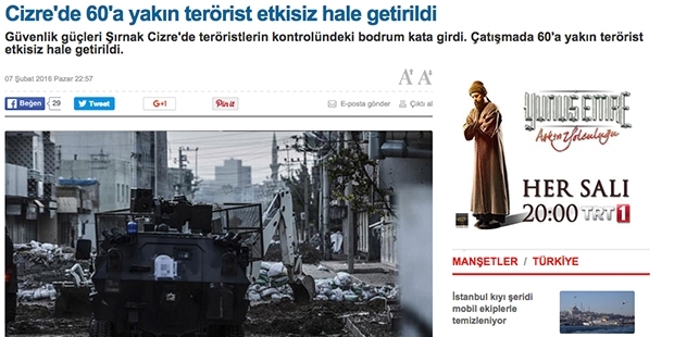 TRT: CİZRE'DE BODRUM KAT OPERASYONUNDA 60 TERÖRİST ETKİSİZ HALE GETİRİLDİ!