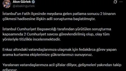 Bakan Gürlek: "2 binanın çökmesi hadisesine ilişkin adli soruşturma başlatılmıştır"