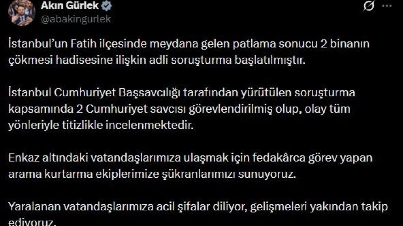 Bakan Gürlek: "2 binanın çökmesi hadisesine ilişkin adli soruşturma başlatılmıştır"