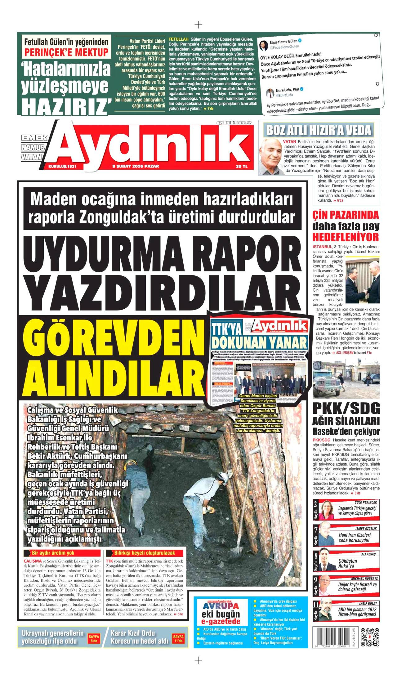 Aydınlık Gazete Manşeti