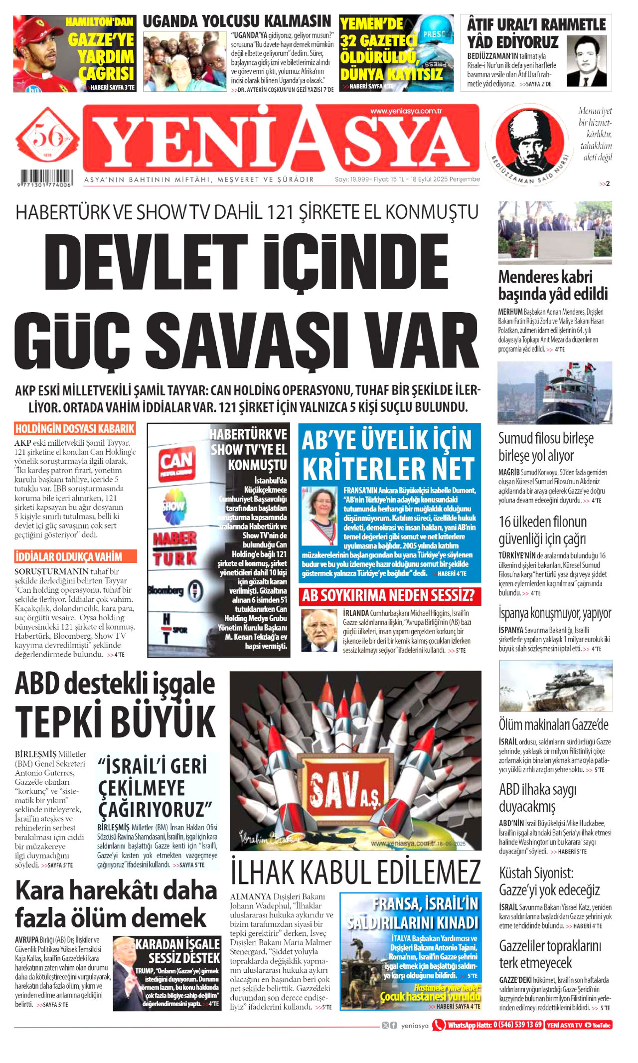 YENİ ASYA Gazete Manşeti