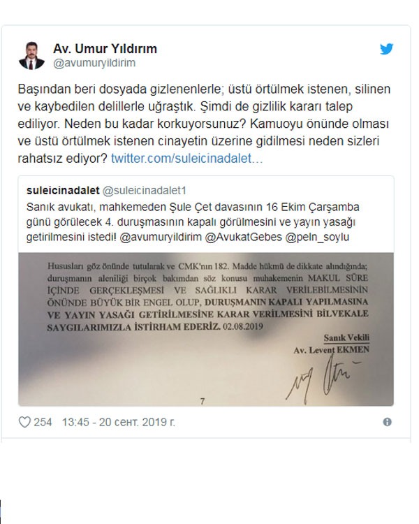 Şule Çet davasında yayın yasağı talebi