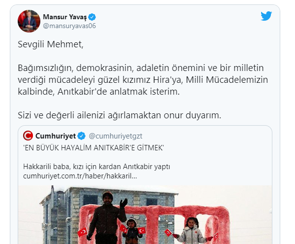 Kızı için kardan Anıtkabir yapan Hakkarili babaya Mansur Yavaş'tan yanıt: 'Sizi ve değerli ailenizi ağırlamaktan onur duyarım'