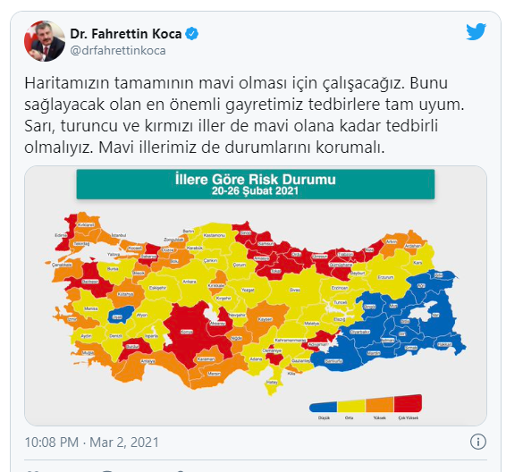 Sağlık Bakanı Koca: Sarı, turuncu ve kırmızı iller de mavi olana kadar tedbirli olmalıyız