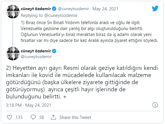 Erkam Yıldırım’ın Venezuela ziyareti: Binali Yıldırım’dan ‘açıklamalar çelişkili’ yorumu üzerine yeni açıklama