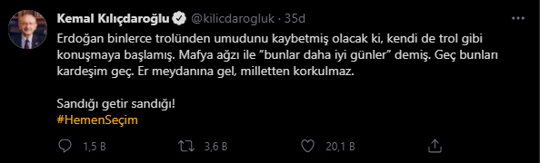 Kılıçdaroğlu: Erdoğan, mafya ağzı ile “Bunlar daha iyi günler” demiş, er meydanına gel