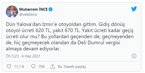 Muharrem İnce’den otoyol ücreti tepkisi: Yakıt kadar geçiş ücreti olur mu?