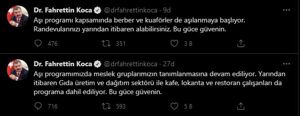 Koca: Yarından itibaren gıda üretim ve dağıtım sektörü ile kafe, lokanta ve restoran çalışanları da aşılanacak