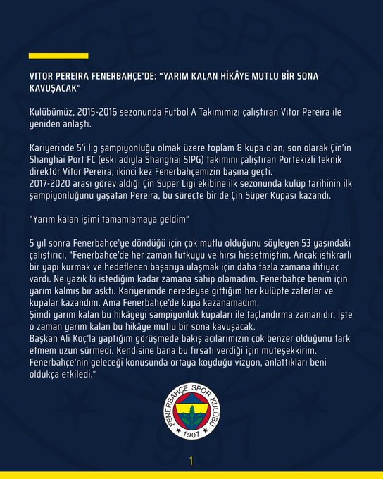 Fenerbahçe'nin Yeni Teknik Direktörü Vitor Pereira Oldu!