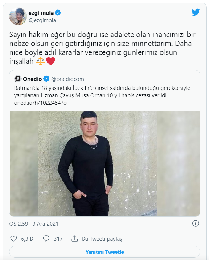 Ezgi Mola'dan Musa Orhan paylaşımı: Daha nice böyle adil kararlar vereceğiniz günlerimiz olsun
