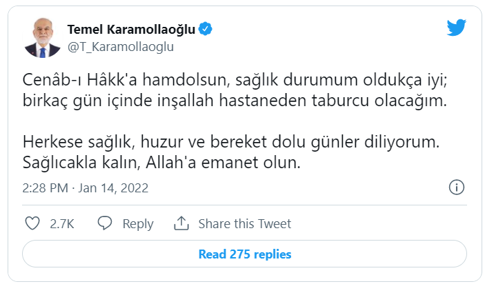 Covid-19’dan hastaneye kaldırılan Karamollaoğlu’dan açıklama