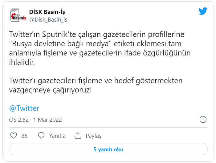 Sputnik çalışanlarını etiketleyen Twitter'a DİSK Basın-İş'ten tepki: Tam anlamıyla fişleme