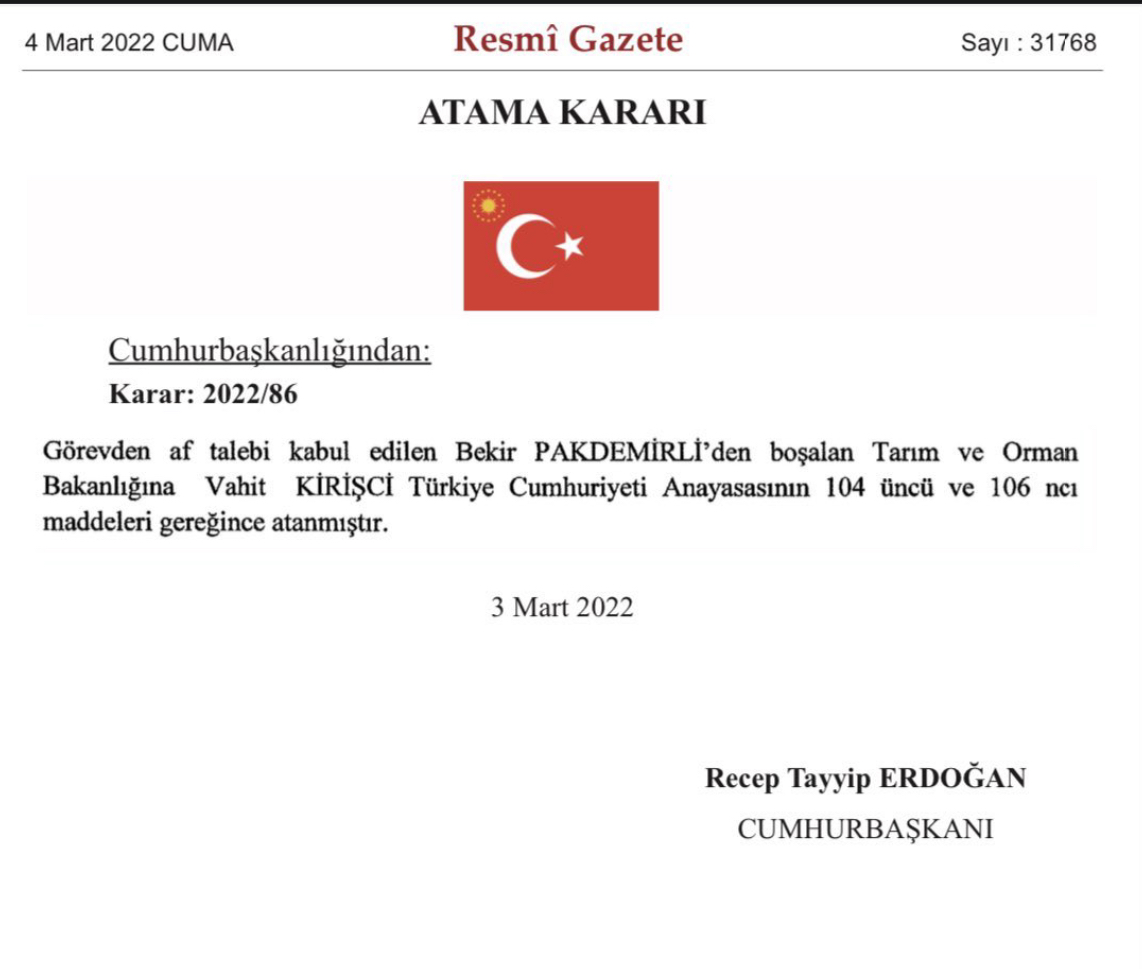 Tarım ve Orman Bakanı Bekir Pakdemirli istifa etti