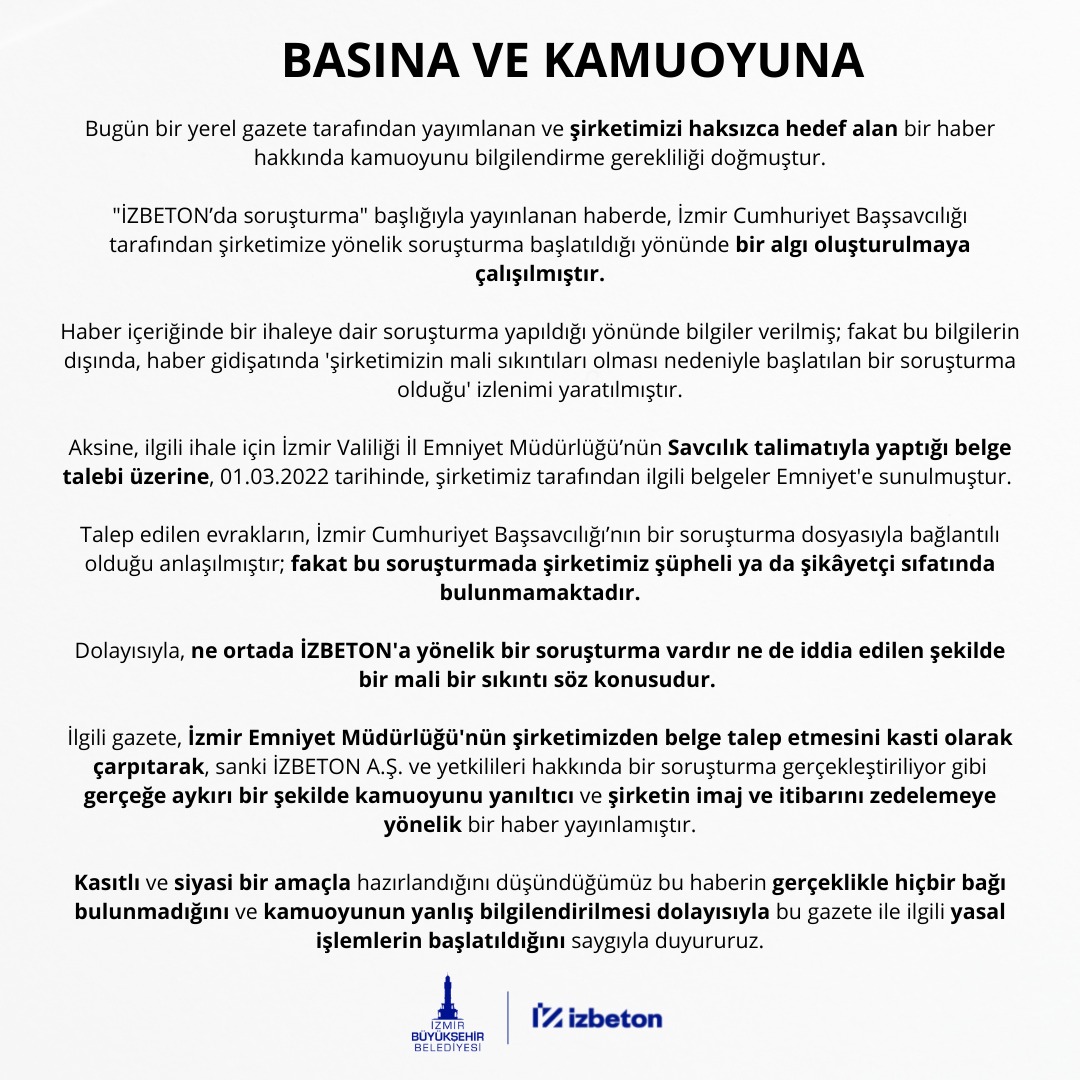 İzbeton'dan soruşturma iddialarına yanıt, 