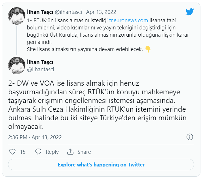 RTÜK, Euronews’e ‘linsans’ şartını kaldırdı, DW ve VoA için ise erişim engeli isteme aşamasında