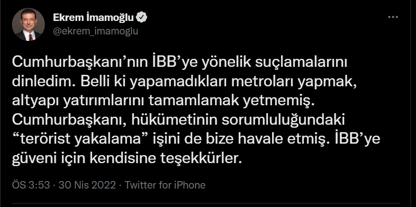 İmamoğlu Erdoğan’a yanıt verdi: 