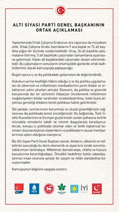 Altılı Masa dokuzuncu kez toplandı: Tarihi bir çalışmaya imza attık
