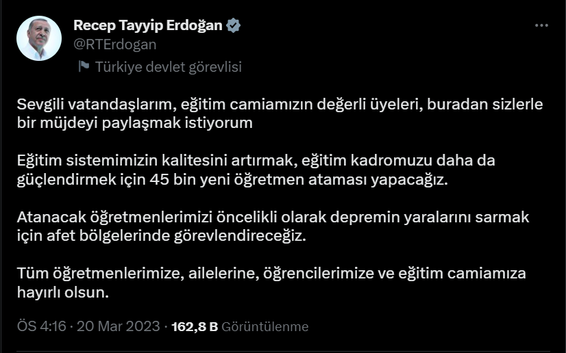 Cumhurbaşkanı Erdoğan'dan öğretmen ataması müjdesi... 
