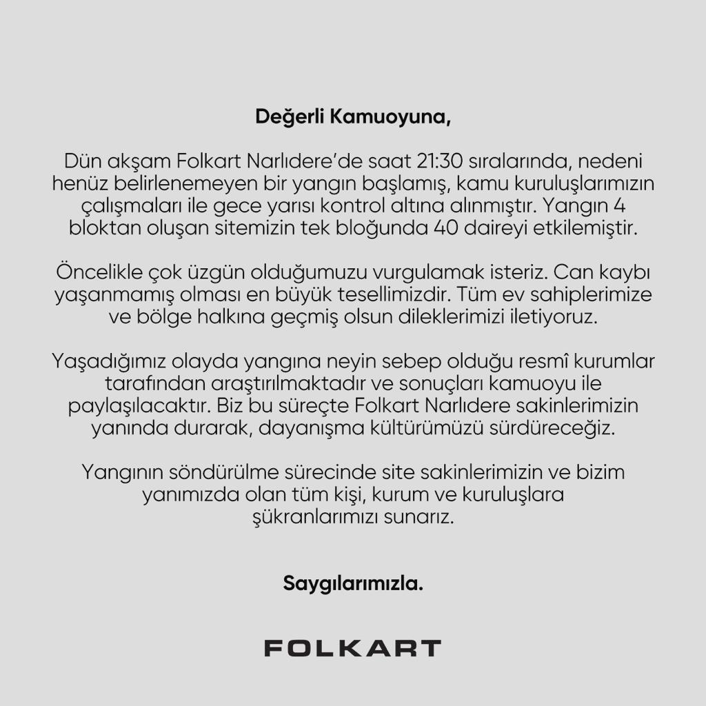 Yangın sonrası Folkart'tan açıklama: