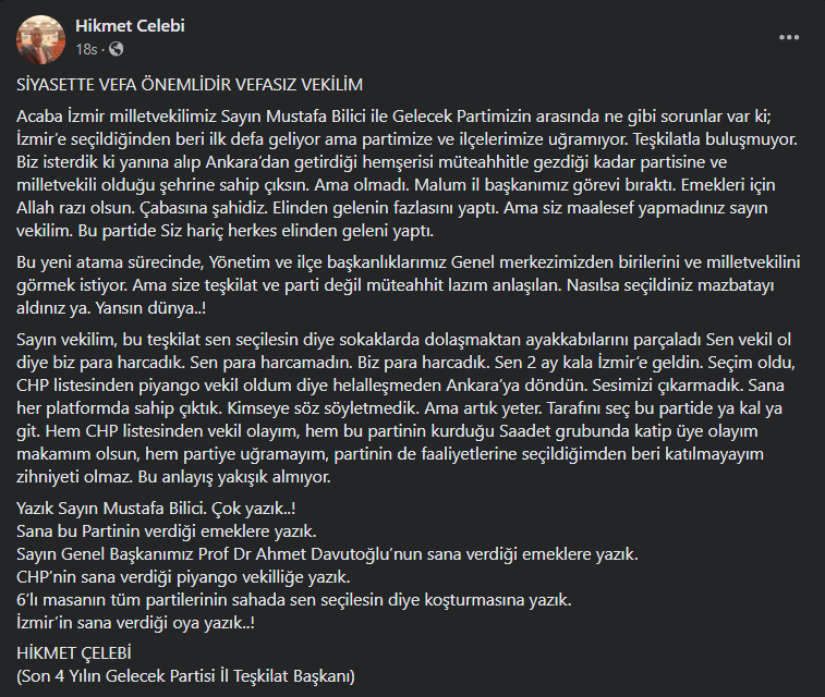 Gelecek Partisi İzmir Milletvekili Bilici'ye sert eleştiri: Piyango vekilliğine yazık