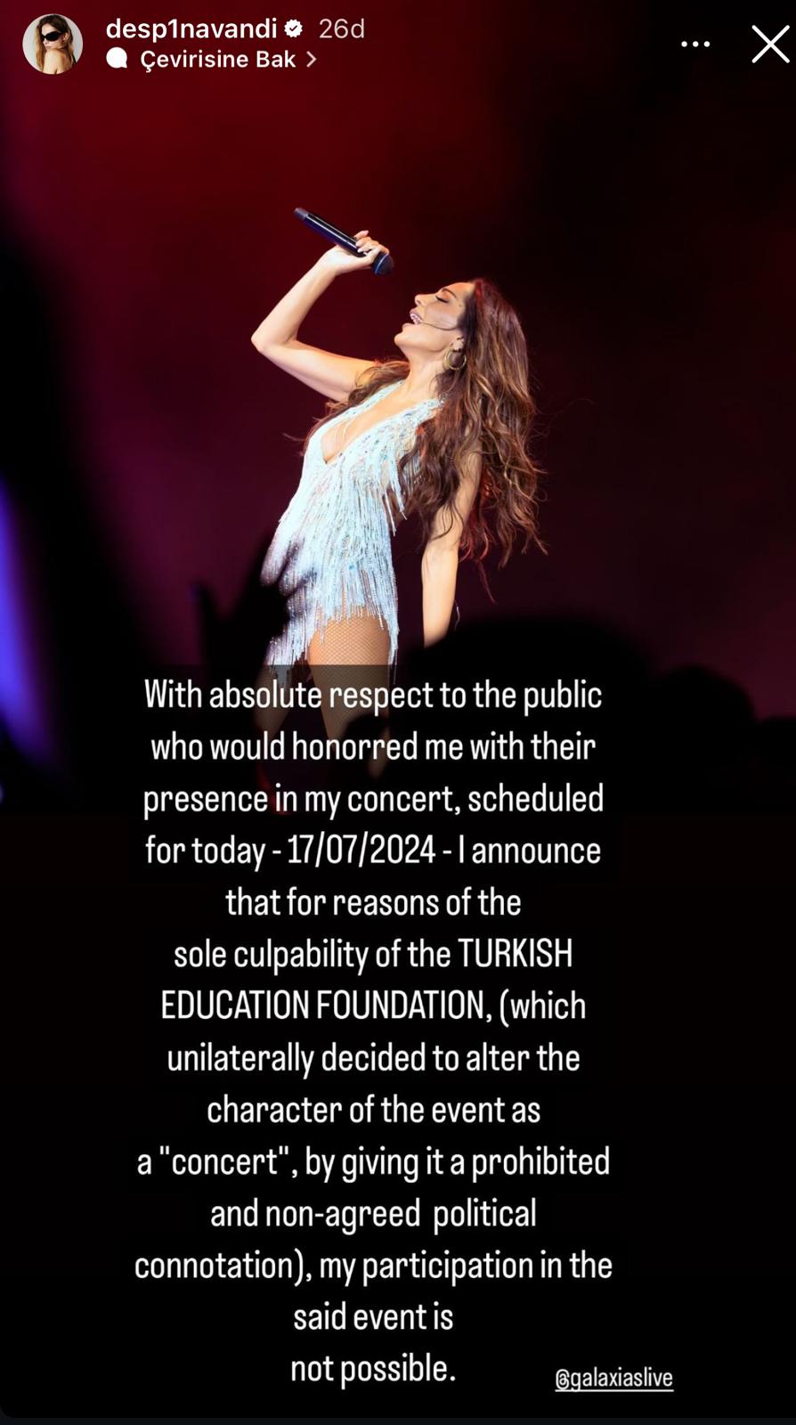 Konsere çıkmayı reddeden Despina Vandi; 
