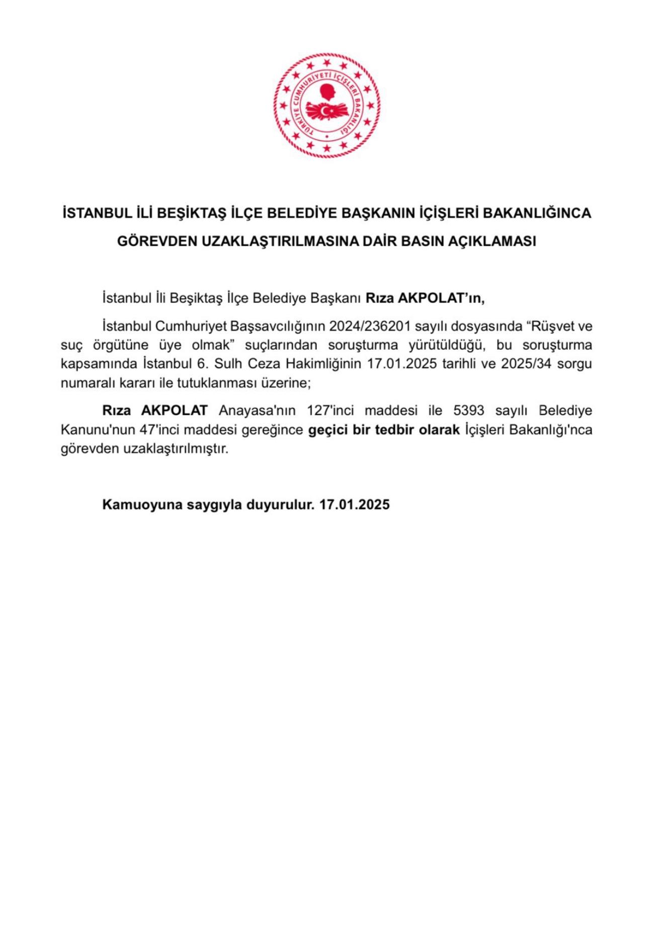 İstanbul Beşiktaş Belediye Başkanı Görevinden de Uzaklaştırıldı