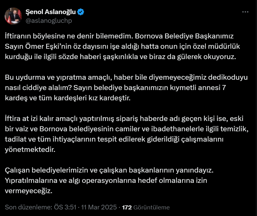 CHP İzmir İl Başkanı Aslanoğlu’ndan ‘Dayı’ İddialarına Yanıt:  “İftiranın böylesine ne denir bilemedim”