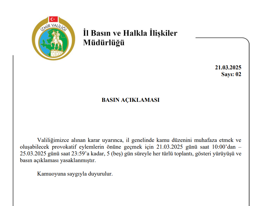 İzmir’de toplantı ve gösteriler yasaklandı