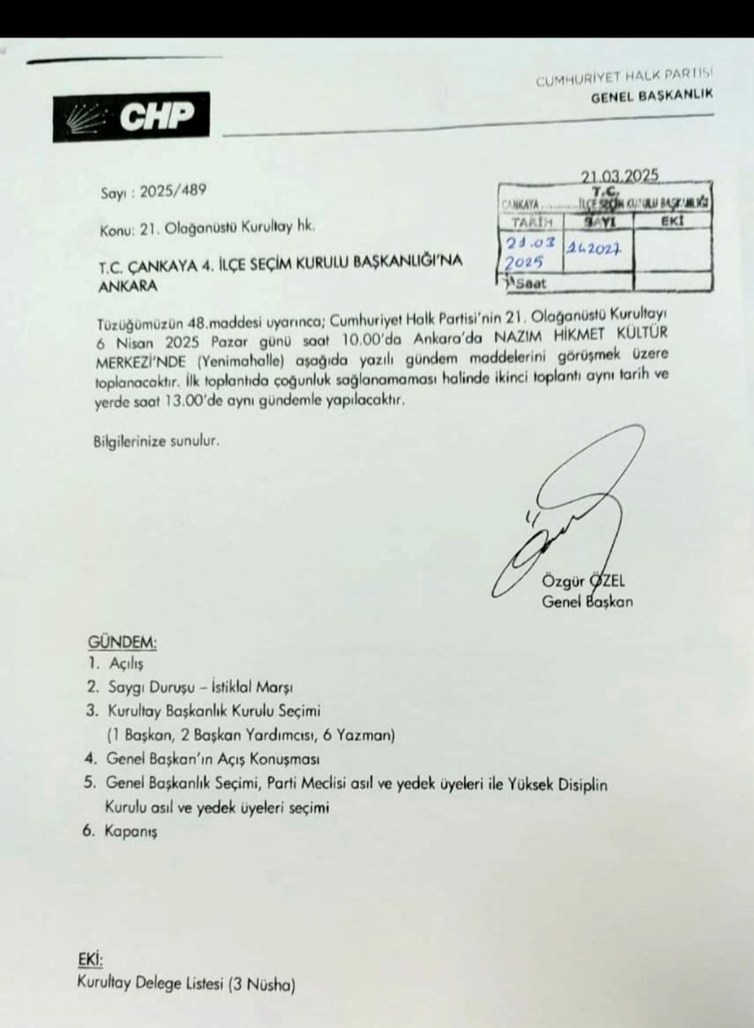 CHP, Olağanüstü Kurultay kararını Çankaya İlçe Seçim Kurulu'na bildirdi