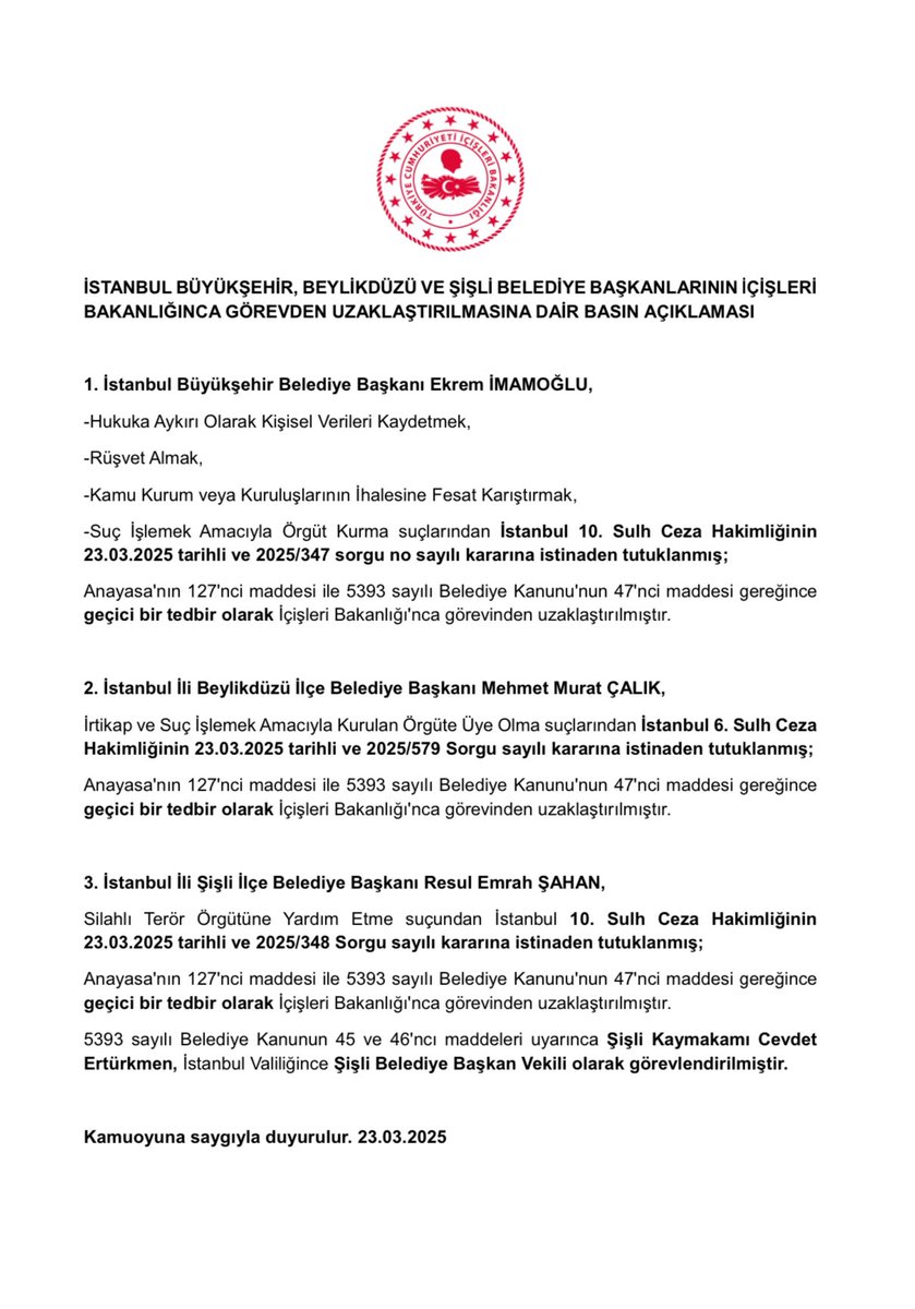 İstanbul, Beylikdüzü ve Şişli belediye başkanları görevden el çektirildi... Şişli'ye kayyum atandı!