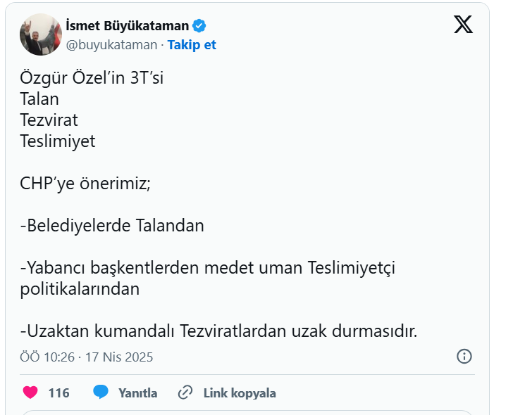 Bahçeli'ye '3T' çağrısı yapmıştı... MHP'li Büyükataman'dan Özel'e yanıt!
