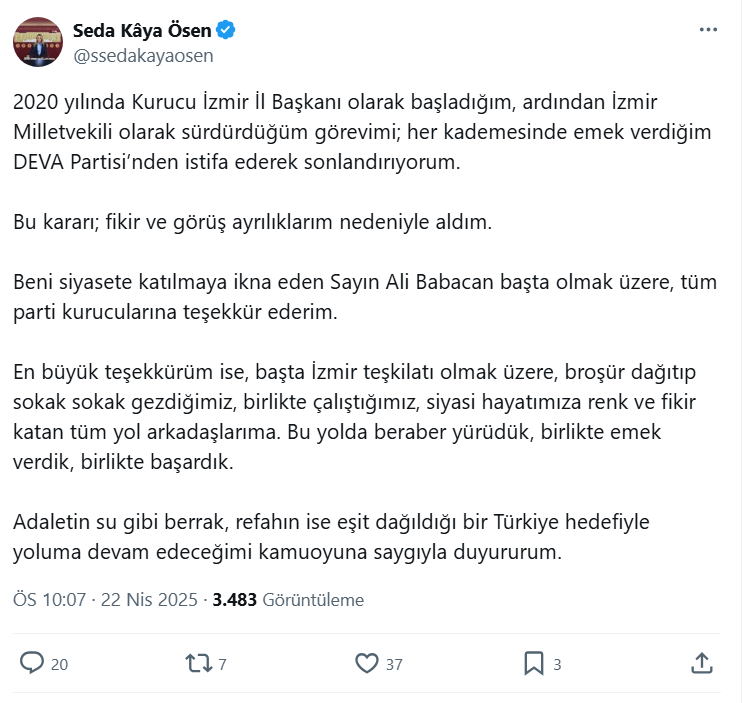 DEVA Partisi'nde flaş istifa
