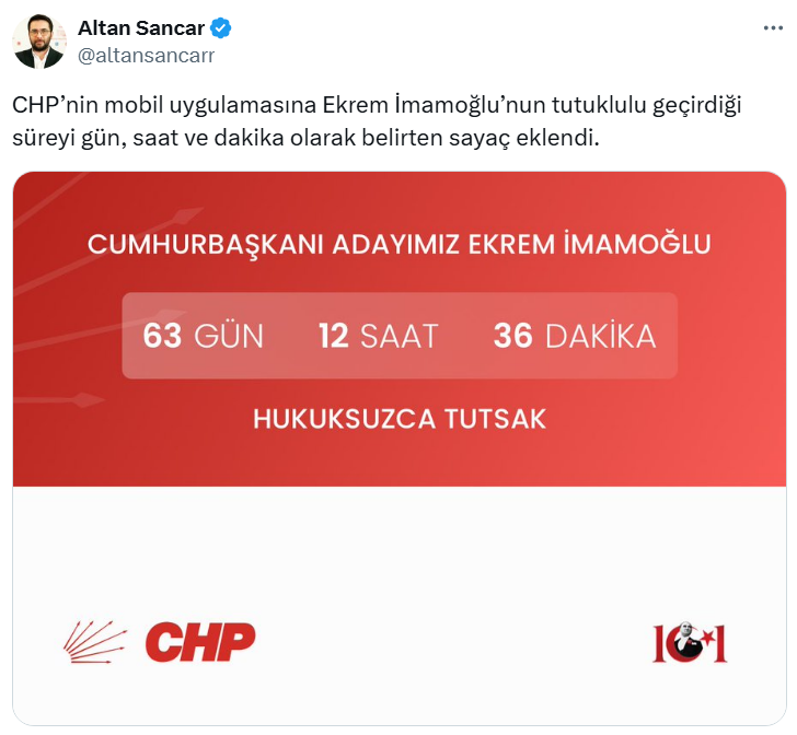 CHP’nin mobil uygulamasına “tutsaklık sayacı” eklendi: “Cumhurbaşkanı adayımız Ekrem İmamoğlu hukuksuzca tutsak”