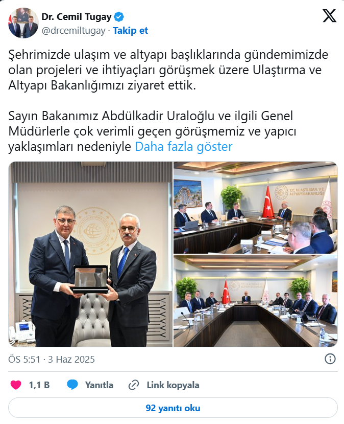 Cemil Tugay, Bakan Uraloğlu’nu ziyaret etti