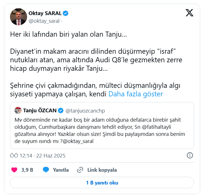 Başdanışman Oktay Saral bu defa Tanju Özcan'ı işaret etti: Suyun doğarken ısınmış