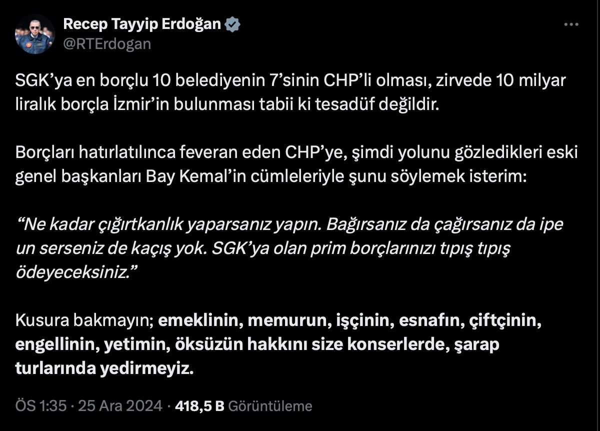 Cumhurbaşkanı Erdoğan: "SGK'ya En Borçlu Belediyeler Arasında CHP'li Belediyeler Zirvede" 1